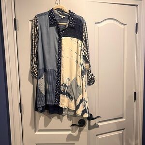 John Mark Blue and Cream Patchwork Button Down Shirt